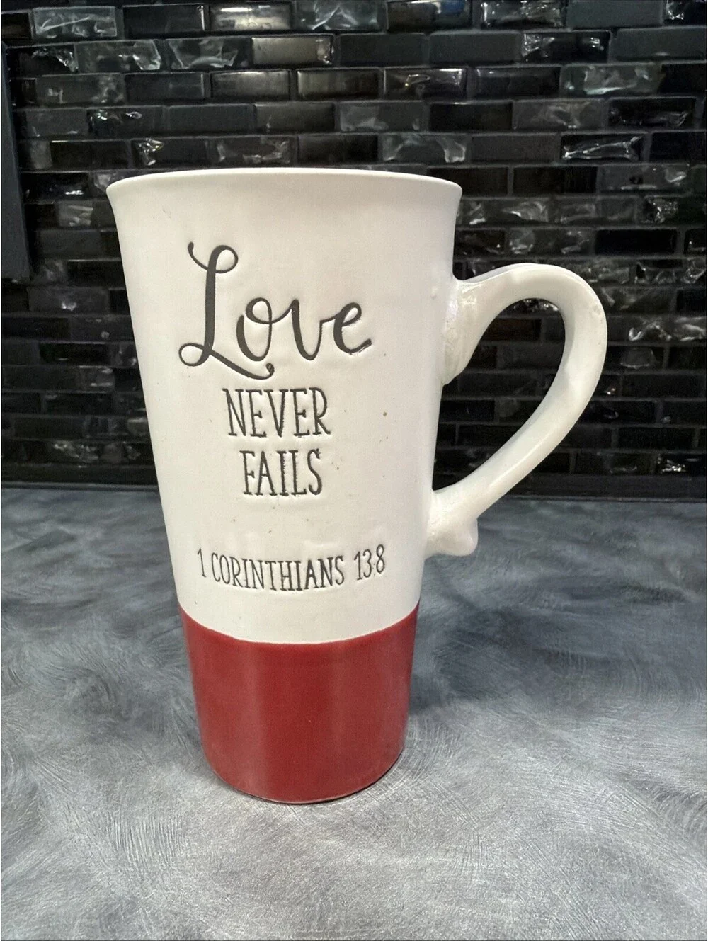 Inspirational Coffee Mug Love Never Fails, 1 Corinthians138